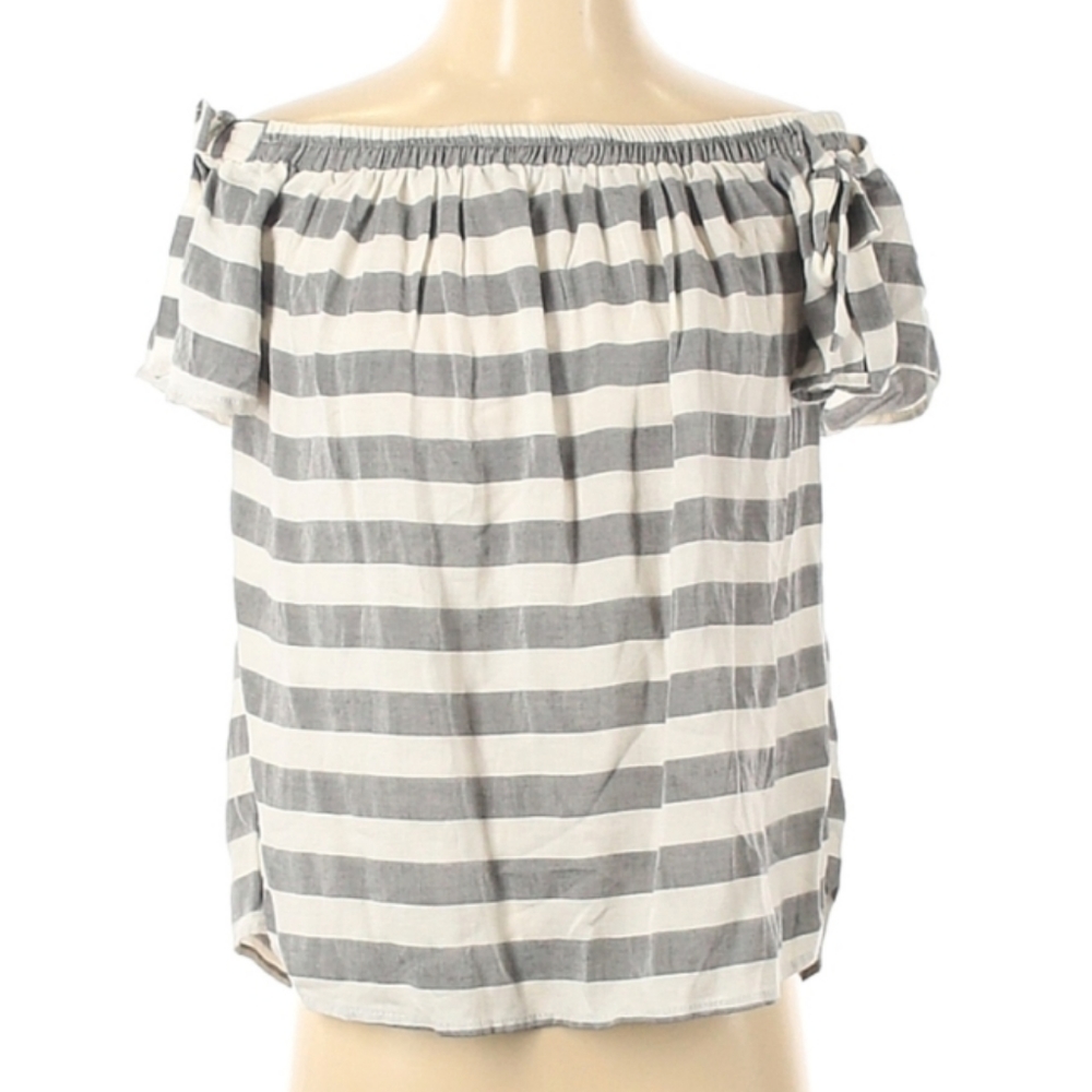 Blue Rain Top Grey & White stripe, lightweight knit fabric.